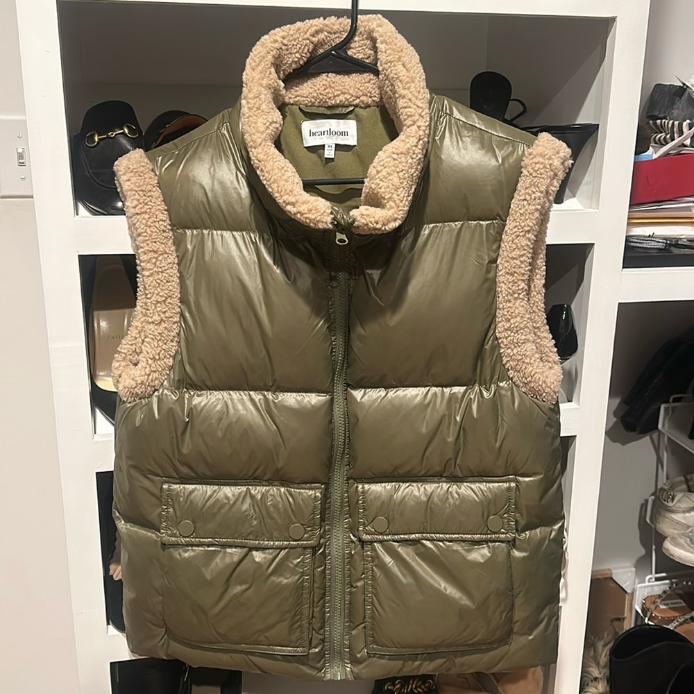 Heartloom Olive Green Puffer Vest with Tan Sherpa Trim